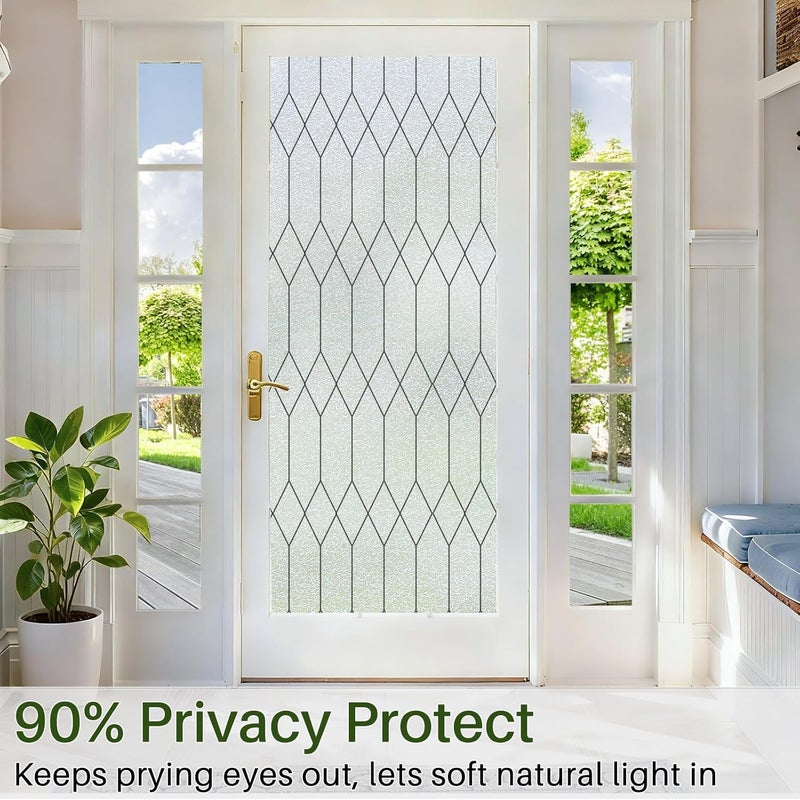 Windimiley Window Privacy Film Stained Glass Static Clings, Bathroom Frosted Leaded Decorative Window Stickers, UV Heat Blocking Opaque Removable for Home Door Coverings (23.6 x 394 in,Pure) - Image 2
